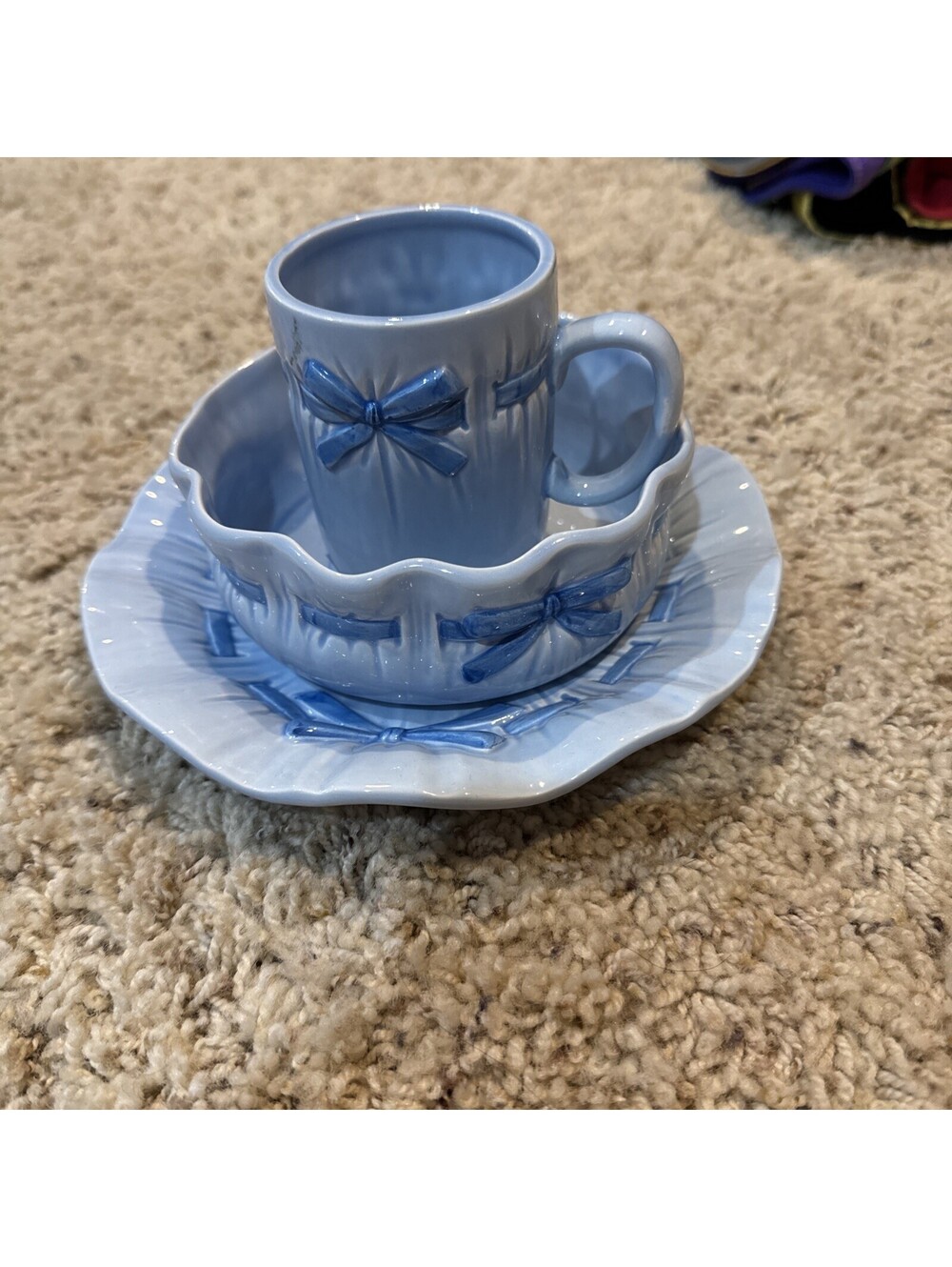 EBELING & REUSS Ribbons & Bows Cup, Saucer And Bowl Set Blue 1983 Coquette